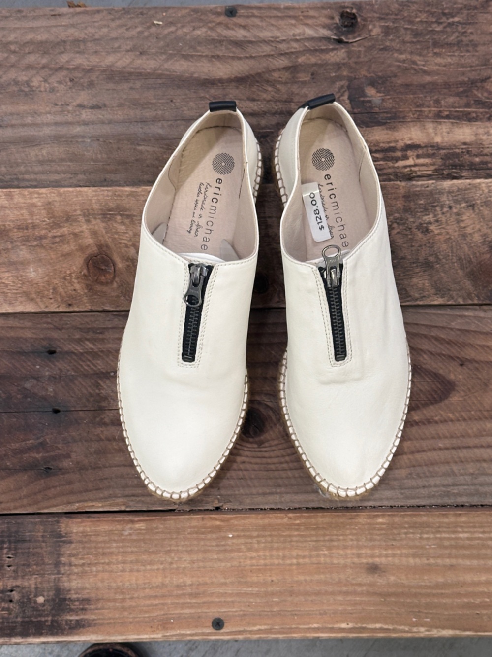 Eric Michael Cream Espadrille Slip-On Shoes with Front Zipper